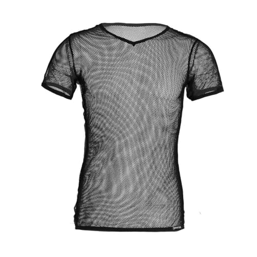 iiniim Herren Kurzarm T-Shirt Netzhemd Erotik Unterwäsche Transparent Netz T-Shirt Schwarz 3XL von iiniim