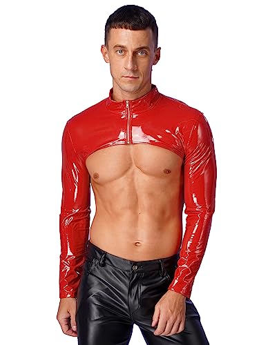 iiniim Herren Wetlook Langarmshirt Metallic Jacke Hemd Tops mit Reißverschluss Lack-Optik Muskelshirt Shrug Tops Rot XL von iiniim