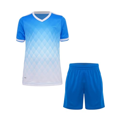 iiniim Jungen Fußball Trikot Set Sport Kurzarm T-Shirt + Shorts Kinder Sport Kleidung Set Trainingsanzug Jogging Fußball Basketball Kleidung C Hellblau 158-164 von iiniim