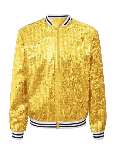 iiniim Jungen Mädchen Pailletten Jacke Langarm Glitzer Baseball Jacke Mantel Bomberjacke Hip Hop Jacken Disco Party Tanzkostüm Gold 134-140 von iiniim