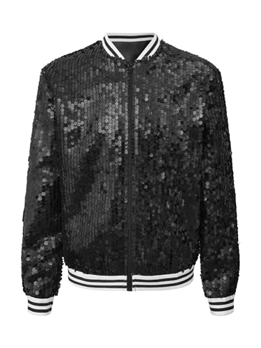 iiniim Jungen Mädchen Pailletten Jacke Langarm Glitzer Baseball Jacke Mantel Bomberjacke Hip Hop Jacken Disco Party Tanzkostüm Schwarz 170-176 von iiniim