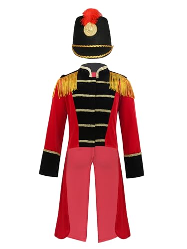 iiniim Jungen Zirkus Jacke Langarm Frack Jacke Blazer Mantel mit Mütze Zirkus Kostüm Zirkusdirektor Uniform Halloween Weihnachten Karneval Fasching Rot&Schwarz 170-176 von iiniim