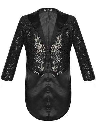 iiniim Kinder Jungen Pailletten Jacke Glitzer Frack Jacke Festlich Hochzeit Anzugjacke Blazer Mantel Jazz Disco Street Dance Outfits Schwarz 158-164 von iiniim