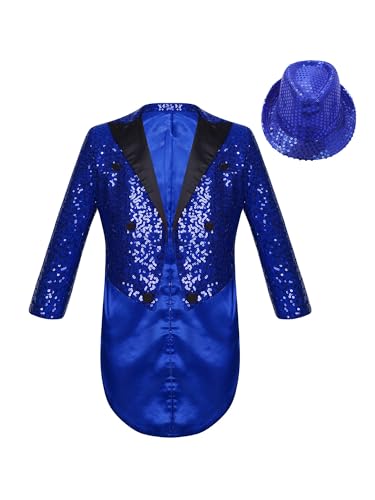 iiniim Kinder Jungen Pailletten Jacke Glitzer Frack Jacke mit Mütze Anzugjacke Festlich Hochzeit Blazer Mantel Jazz Disco Street Dance Outfits Blau 146-152 von iiniim