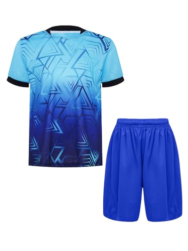 iiniim Kinder Jungen Sport Set 2tlg. Schnelltrockend T-Shirt + Shorts Sportanzug Trainingsanzug für Jogging Fußball Basketball Kleidung Aa Hellblau Royal Blau 110-116 von iiniim