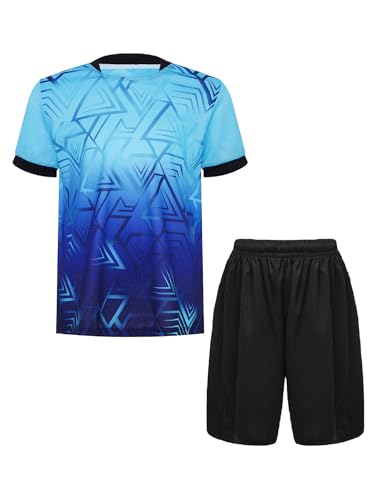 iiniim Kinder Jungen Sport Set 2tlg. Schnelltrockend T-Shirt + Shorts Sportanzug Trainingsanzug für Jogging Fußball Basketball Kleidung Aa Hellblau Schwarz 146-152 von iiniim