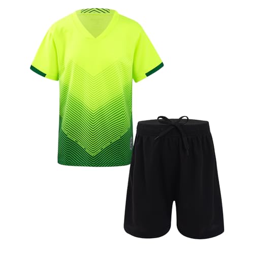 iiniim Kinder Jungen Sport Set 2tlg. Schnelltrockend T-Shirt + Shorts Sportanzug Trainingsanzug für Jogging Fussball Basketball Kleidung K Fluorescent Grün 122-128 von iiniim