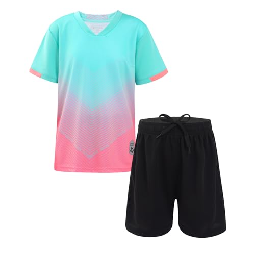 iiniim Kinder Jungen Sport Set 2tlg. Schnelltrockend T-Shirt + Shorts Sportanzug Trainingsanzug für Jogging Fussball Basketball Kleidung K Minzgrün&Rosa 122-128 von iiniim