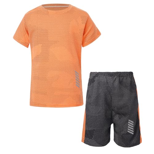 iiniim Kinder Jungen Sport Set 2tlg. Schnelltrockend T-Shirt + Shorts Sportanzug Trainingsanzug für Jogging Fussball Basketball Kleidung L Orange 110-116 von iiniim