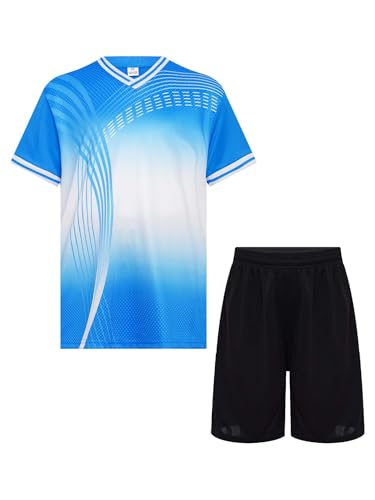 iiniim Kinder Jungen Sport Set 2tlg. Schnelltrockend T-Shirt + Shorts Sportanzug Trainingsanzug für Jogging Fußball Basketball Kleidung Q Hellblau Schwarz 158-164 von iiniim