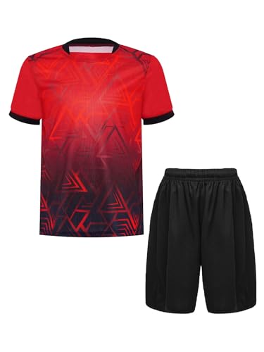 iiniim Kinder Jungen Sport Set 2tlg. Schnelltrockend T-Shirt + Shorts Sportanzug Trainingsanzug für Jogging Fußball Basketball Kleidung A Rot Schwarz 134-140 von iiniim