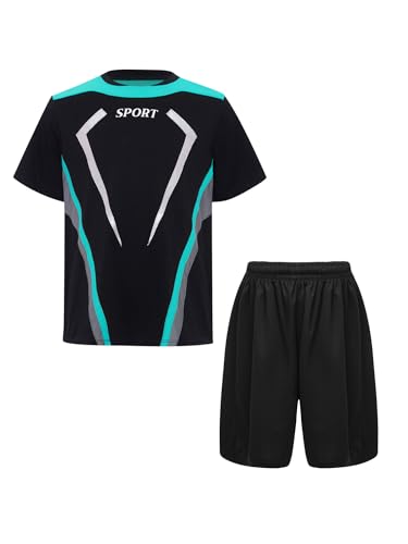 iiniim Kinder Jungen Sportanzug Trainingsanzug 2tlg.Schnelltrockend T-Shirt + Shorts Sport Set Jogginganzug Fußball Trikot Basketball Kleidung B Blau Grün 134-140 von iiniim
