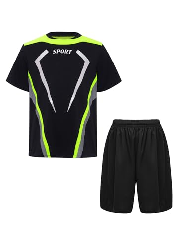 iiniim Kinder Jungen Sportanzug Trainingsanzug 2tlg.Schnelltrockend T-Shirt + Shorts Sport Set Jogginganzug Fußball Trikot Basketball Kleidung B Fluoreszierendes Gelb 134-140 von iiniim