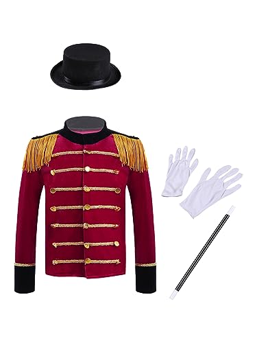iiniim Kinder Jungen Zirkus Kostüm Zirkusdirektor Uniform Zirkus Jacke Mantel + Hut Zauberstab Handschuhe Cosplay Show Party Outfits Rot 170-176 von iiniim