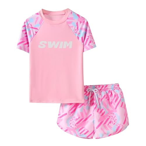 iiniim Kinder Mädchen Badeset UV-Schutz Badeanzug Badeshirt Tops + Badeshorts Zweiteiler Bikini Bademode Schwimmanzug C Hell Rosa 140-146 von iiniim