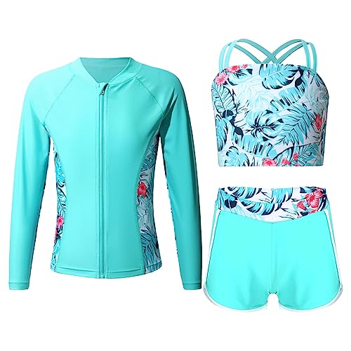 iiniim Kinder Mädchen Badeset UV-Schutz Badeanzug Badeshirt Tops + Badeshorts Zweiteiler Bikini Bademode Schwimmanzug D Blätter 170-176 von iiniim