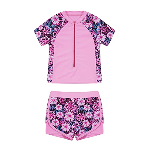 iiniim Kinder Mädchen Badeset UV-Schutz Badeanzug Blumen Druck Bikini Bademode Sommer Schwimmanzug Zweiteiler Bikini Tops + Badeshorts B Floral Rosa 134-140 von iiniim