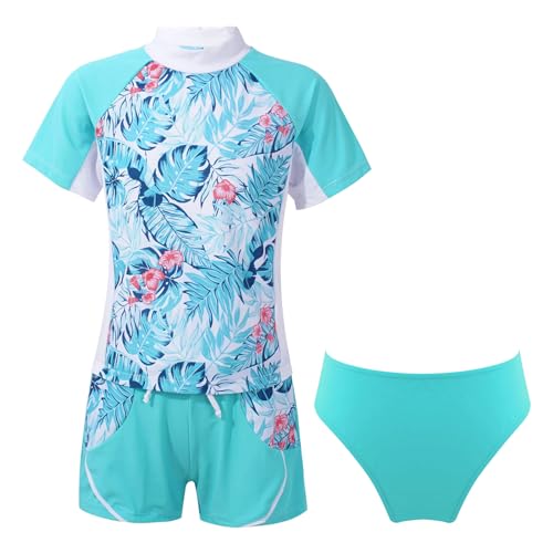 iiniim Kinder Mädchen Badeset UV-Schutz Badeanzug Blumen Druck Zweiteiler Bikini Tops mit Badeshorts Bademode Schwimmanzug Gr.98-176 A Hellgrün 146-152 von iiniim