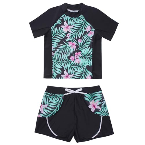 iiniim Kinder Mädchen Badeset UV-Schutz Badeanzug Blumen Druck Zweiteiler Bikini Tops mit Badeshorts Bademode Schwimmanzug Gr.98-176 A Lilie Rosa 146-152 von iiniim