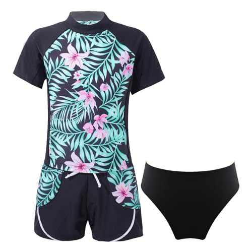 iiniim Kinder Mädchen Badeset UV-Schutz Badeanzug Blumen Druck Zweiteiler Bikini Tops mit Badeshorts Bademode Schwimmanzug Gr.98-176 A Schwarz 134-140 von iiniim