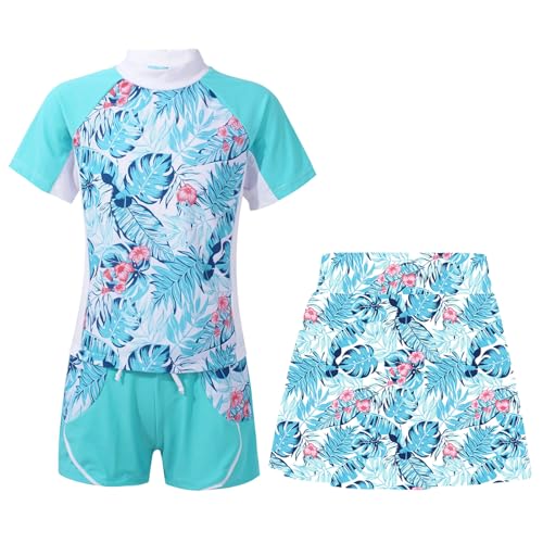 iiniim Kinder Mädchen Badeset UV-Schutz Badeanzug Blumen Druck Zweiteiler Bikini Tops mit Badeshorts Bademode Schwimmanzug Gr.98-176 F Hellgrün 158-164 von iiniim