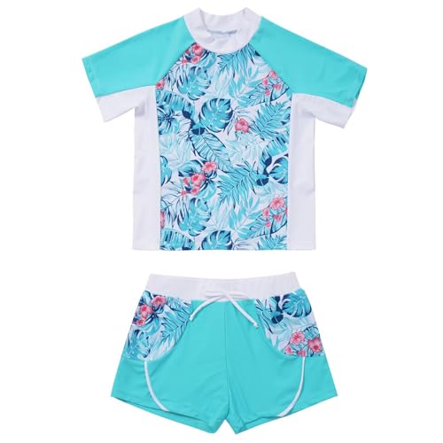 iiniim Kinder Mädchen Badeset UV-Schutz Badeanzug Blumen Druck Zweiteiler Bikini Tops mit Badeshorts Bademode Schwimmanzug Gr.98-176 Blätter 170-176 von iiniim