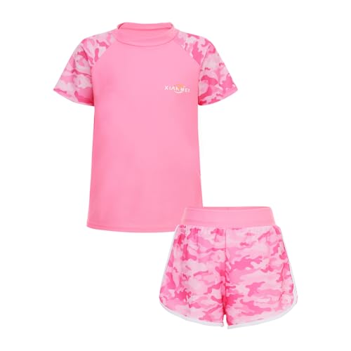 iiniim Kinder Mädchen Badeset UV-Schutz Badeanzug Badeshirt Tops + Badeshorts Zweiteiler Bikini Bademode Schwimmanzug Ax Rosa 158-164 von iiniim