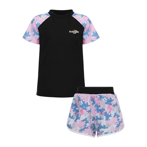 iiniim Kinder Mädchen Badeset UV-Schutz Badeanzug Badeshirt Tops + Badeshorts Zweiteiler Bikini Bademode Schwimmanzug Ax Schwarz 110-116 von iiniim