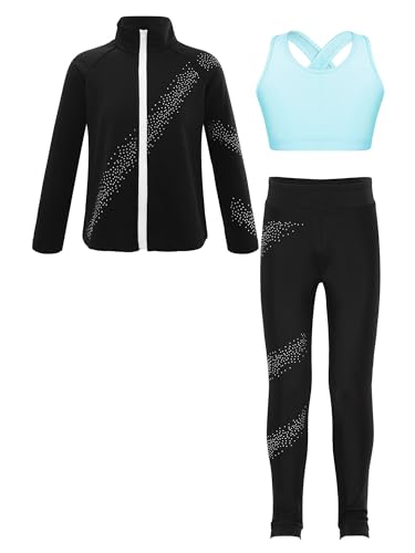 iiniim Kinder Mädchen Eiskunstlauf Anzug Glitzer Strass Langarm Sweatjacke + Hose Leggings Sport Trainingsanzug Yoga Gym Eislaufen Tanzkleidung A Hellblau A 110-116 von iiniim