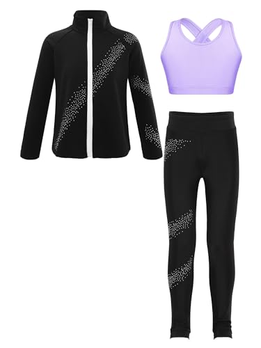 iiniim Kinder Mädchen Trainingsanzug Eiskunstlauf Anzug Glitzer Strass Langarm Sweatjacke + Hose Sport Leggings Yoga Gym Eislaufen Tanzkleidung Lavendel 134-140 von iiniim