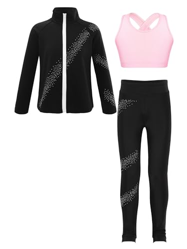 iiniim Kinder Mädchen Eiskunstlauf Anzug Glitzer Strass Langarm Sweatjacke + Hose Leggings Sport Trainingsanzug Yoga Gym Eislaufen Tanzkleidung A Rosa A 122-128 von iiniim