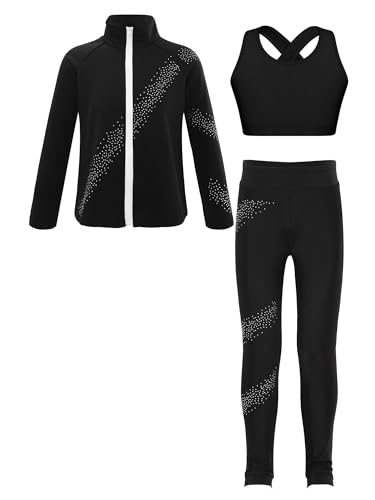 iiniim Kinder Mädchen Trainingsanzug Eiskunstlauf Anzug Glitzer Strass Langarm Sweatjacke + Hose Sport Leggings Yoga Gym Eislaufen Tanzkleidung Schwarz 158-164 von iiniim