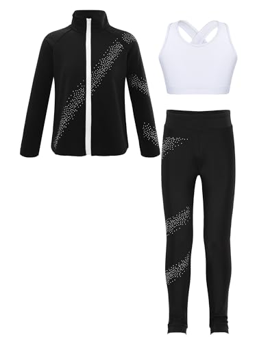 iiniim Kinder Mädchen Eiskunstlauf Anzug Glitzer Strass Langarm Sweatjacke + Hose Leggings Sport Trainingsanzug Yoga Gym Eislaufen Tanzkleidung A Weiß A 146-152 von iiniim