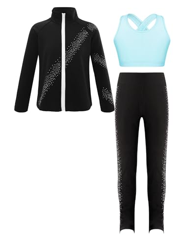 iiniim Kinder Mädchen Trainingsanzug Eiskunstlauf Anzug Glitzer Strass Langarm Sweatjacke + Hose Sport Leggings Yoga Gym Eislaufen Tanzkleidung Hellblau Schwarz 122-128 von iiniim