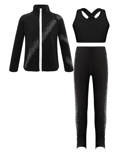 iiniim Kinder Mädchen Trainingsanzug Eiskunstlauf Anzug Glitzer Strass Langarm Sweatjacke + Hose Sport Leggings Yoga Gym Eislaufen Tanzkleidung Schwarz&Schwarz 134-140 von iiniim