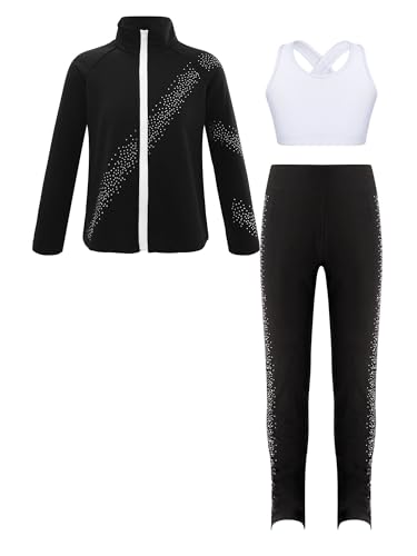 iiniim Kinder Mädchen Trainingsanzug Eiskunstlauf Anzug Glitzer Strass Langarm Sweatjacke + Hose Sport Leggings Yoga Gym Eislaufen Tanzkleidung Weiß Schwarz 158-164 von iiniim