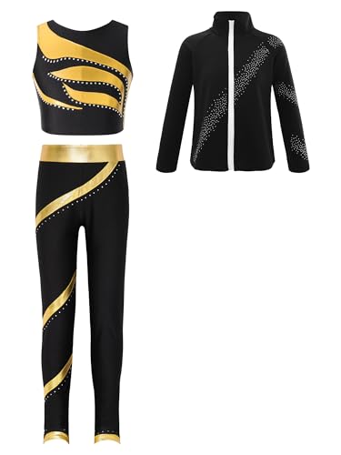 iiniim Kinder Mädchen Eiskunstlauf Anzug Glitzer Strass Langarm Sweatjacke + Hose Leggings Sport Trainingsanzug Yoga Gym Eislaufen Tanzkleidung Ad Gold 158-164 von iiniim