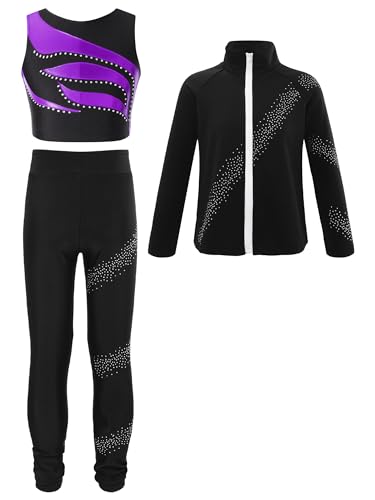 iiniim Kinder Mädchen Eiskunstlauf Anzug Sport Trainingsanzug Langarm Sweatjacke + Crop Tops + Hose Sport Leggings Yoga Gym Eislaufen Tanzkleidung Lila&Schwarz 134-140 von iiniim