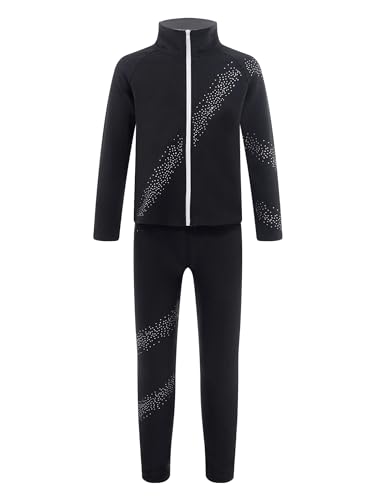 iiniim Kinder Mädchen Eiskunstlauf Anzug Glitzer Strass Langarm Sweatjacke + Hose Leggings Sport Trainingsanzug Yoga Gym Eislaufen Tanzkleidung B Schwarz 122-128 von iiniim