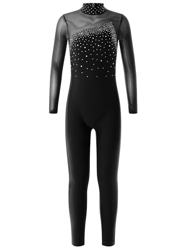 iiniim Kinder Mädchen Eiskunstlauf Body Glitzer Turnanzug Gymnastikanzug Langarm Ballettanzug mit Strass Fitness Sportbody Tanzkleidung A Schwarz 134-140 von iiniim