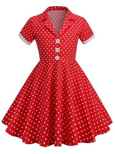 iiniim Kinder Mädchen Kleider 1950er Vintage Rockabilly Kleid Polka Dots A-Linie Kleid Abendkleid Geburtstag Partykleid Festkleid A Rot 122-128 von iiniim
