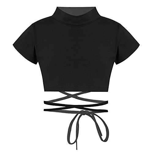 iiniim Kinder Mädchen Tops Kurzarm T-Shirt Unterhemd Bauchfrei Oberteile mit Rollkragen Schnürung Sport Unterwäsche Für Ballett Jazz Yoga Gym Gr.104-164 A Schwarz 140 von iiniim