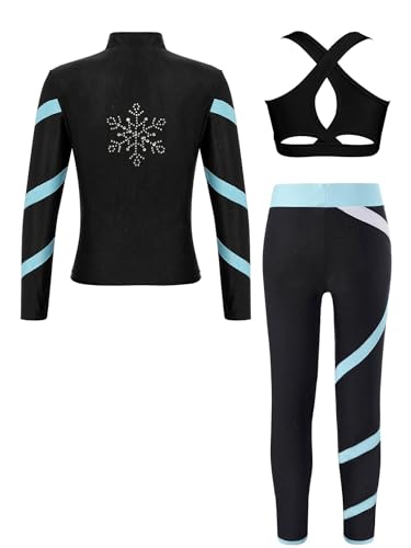 iiniim Kinder Mädchen Trainingsanzug Sportanzug Eiskunstlauf Jacke + Sport BH Tops + Hose Leggings Sport Set Eiskunstlauf Anzug Tanzkleidung Schwarz&Hellblau 170-176 von iiniim