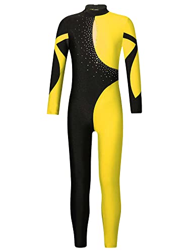 iiniim Kinder Mädchen Turnanzug Glitzer Gymnastikanzug Patchwork Ballettanzug Langarm Eiskunstlauf Body mit Strass Fitness Sportbody Tanzkleidung Gelb 134-140 von iiniim