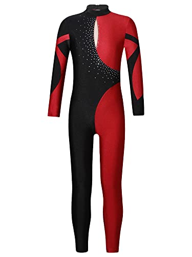 iiniim Kinder Mädchen Turnanzug Glitzer Gymnastikanzug Patchwork Ballettanzug Langarm Eiskunstlauf Body mit Strass Fitness Sportbody Tanzkleidung Weinrot 134-140 von iiniim