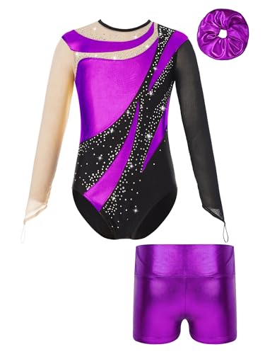 iiniim Kinder Mädchen Turnanzug Gymnastikanzug mit Shorts Haarband Glänzend Gymnastik Leotard Trikotanzug Wettbewerb Tanzkostüm A Lila 122-128 von iiniim