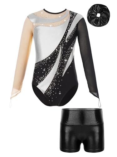 iiniim Kinder Mädchen Turnanzug Gymnastikanzug mit Shorts Haarband Glänzend Gymnastik Leotard Trikotanzug Wettbewerb Tanzkostüm A Silber&Schwarz 146-152 von iiniim