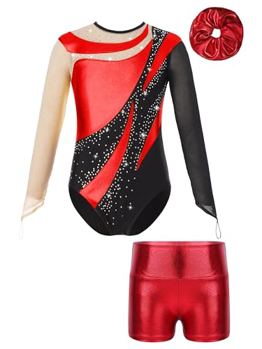 iiniim Kinder Mädchen Turnanzug Gymnastikanzug mit Shorts Haarband Glänzend Gymnastik Leotard Trikotanzug Wettbewerb Tanzkostüm Aa Rot 134-140 von iiniim