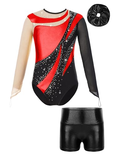 iiniim Kinder Mädchen Turnanzug Gymnastikanzug mit Shorts Haarband Glänzend Gymnastik Leotard Trikotanzug Wettbewerb Tanzkostüm Aa Rot&Schwarz 146-152 von iiniim