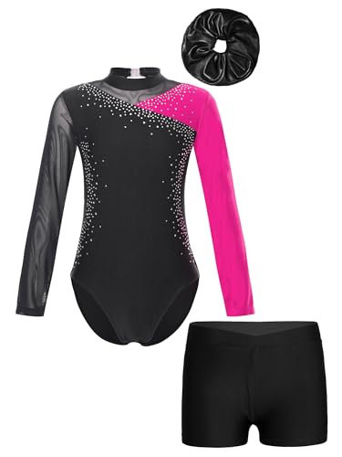 iiniim Kinder Mädchen Turnanzug Gymnastikanzug mit Shorts Haarband Glänzend Gymnastik Leotard Trikotanzug Wettbewerb Tanzkostüm C Dunkel Rosa 134-140 von iiniim